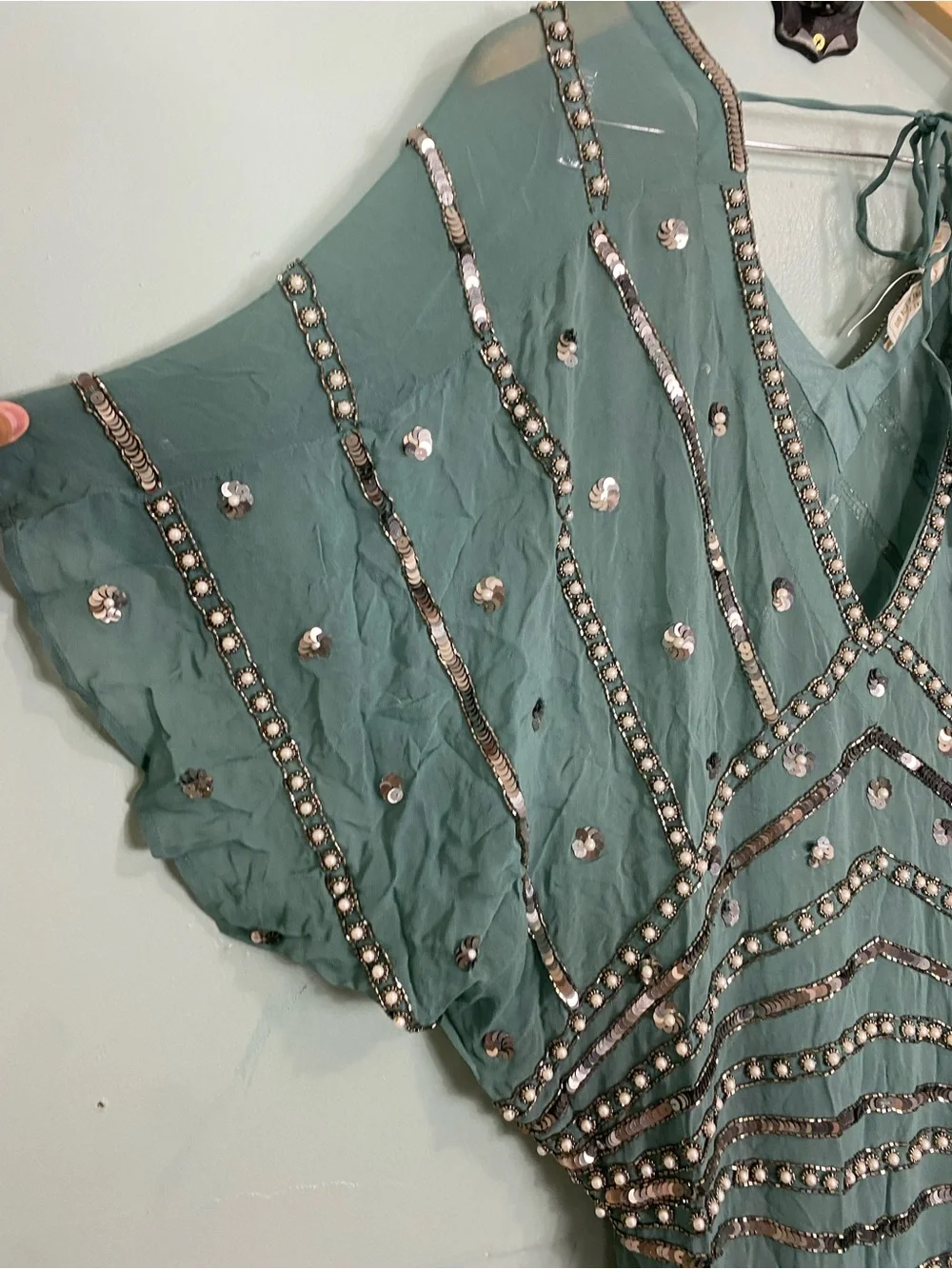 Free People Jens Pirate Booty Space Odyssey Kaftan Green Embellished Beaded XS/S